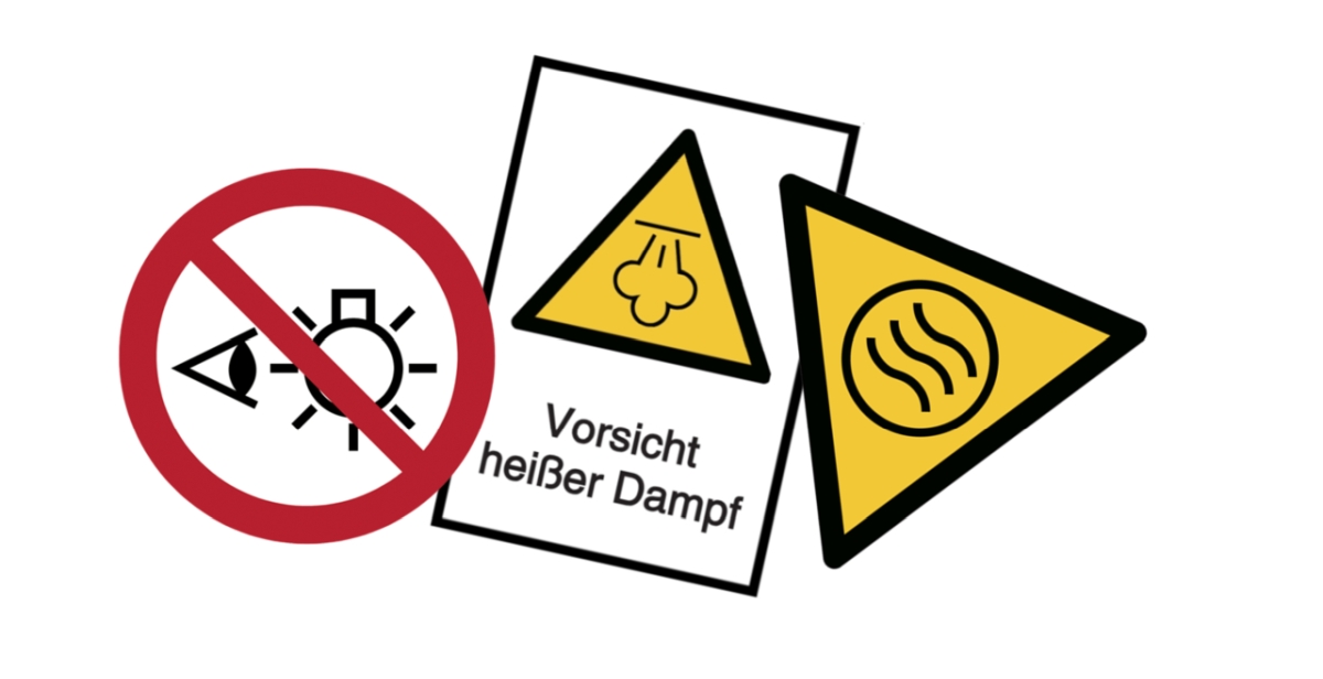Nicht in Lichtquelle schauen, Warnung vor heißem Inhalt, Warnung vor heißem Dampf